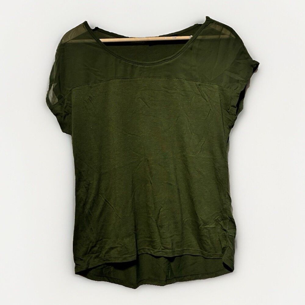 Metaphor Olive Green Sheer Yoke Short Sleeve Blouse Women’s Large L Casual Top